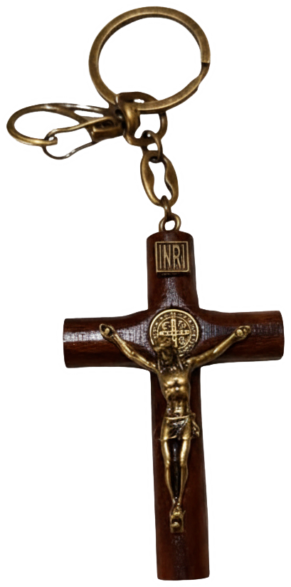Chaveiro de cruz de madeira com mosquetão de ferro