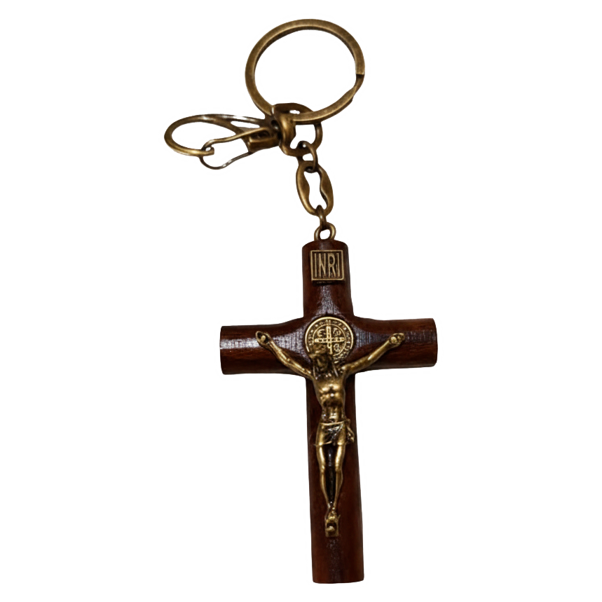 Chaveiro de cruz de madeira com mosquetão de ferro2